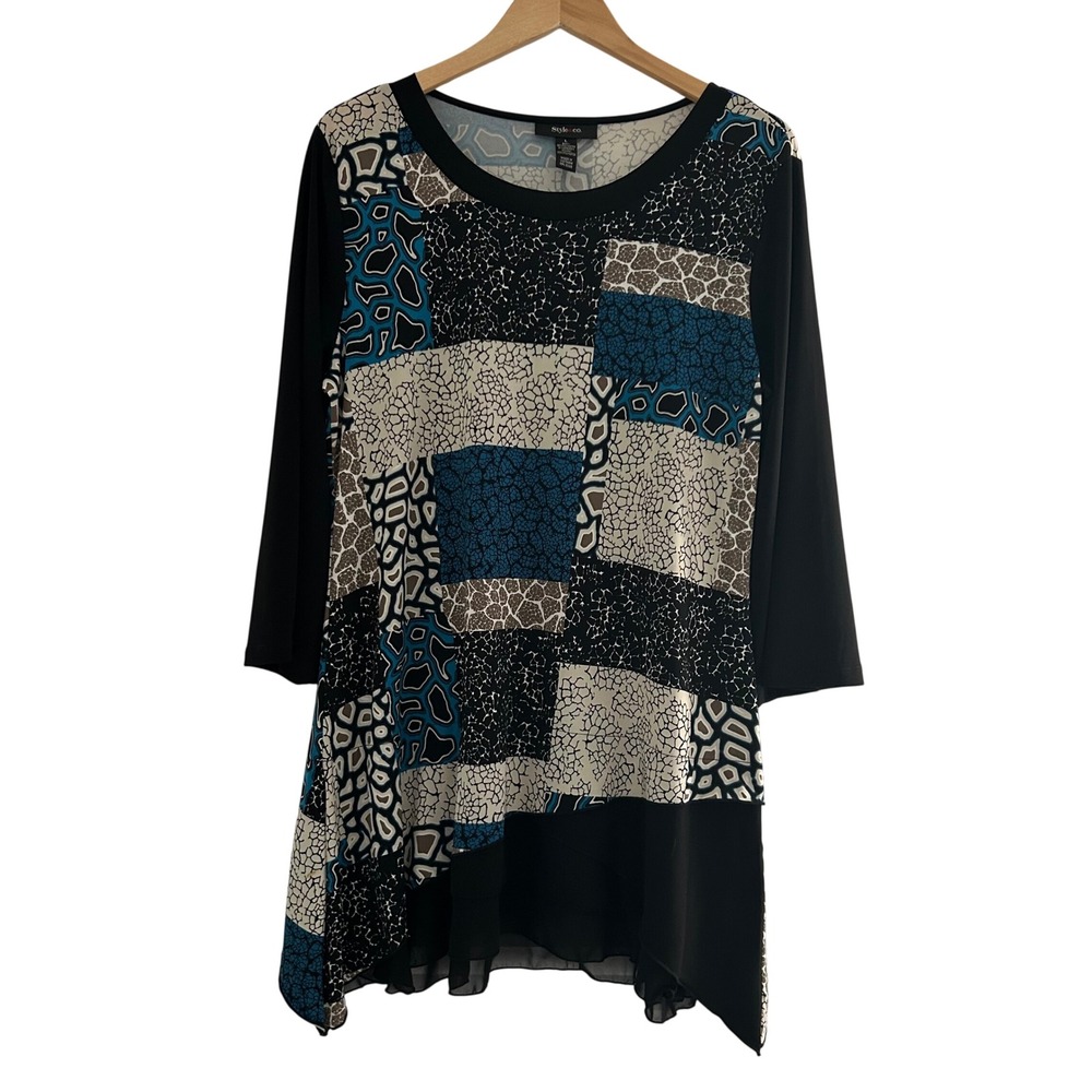 Style & Co Animal Print Patchwork Tunic Top Sheer Ruffle Hem Blue Black L